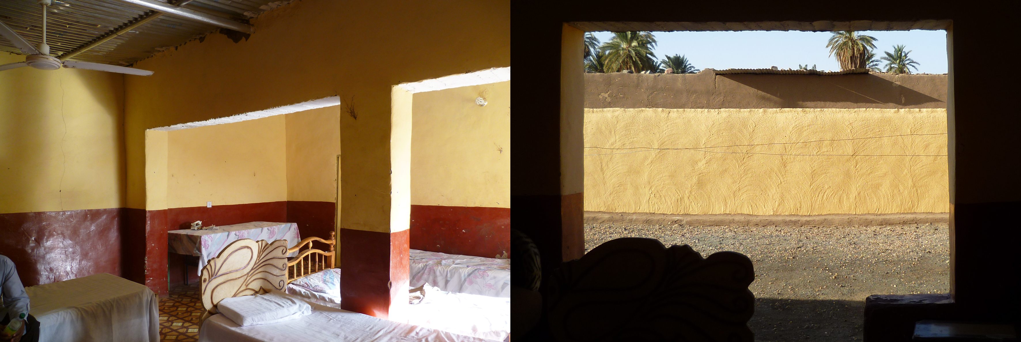 House of one of the respondents. Interior (left) painted in red and yellow bomastic; exterior (right) mud plastered in a circular pattern and painted with yellow gir.