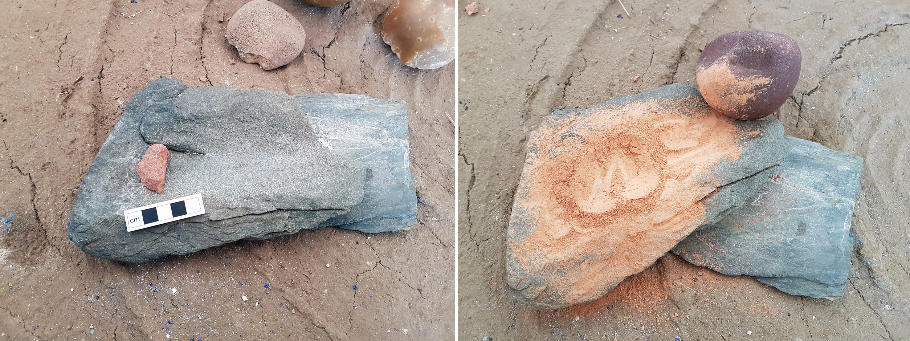 Grinding red ochre on a small grindstone. Left - Piece of red ochre to be ground. Right &ndash; after grinding, pigment has spilled onto the floor and there is no working space left on the grindstone.