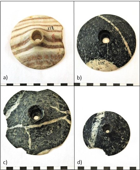 Some of the mace-heads uncovered in the Naqada graves in Cemetery 17. a) Mace-head from grave 89. b) Mace-head from grave 70. c) Mace-head from grave 50. D) Mace-head from grave 88. Photos by Alexandros Tsakos. Courtesy of Nubia Museum, Aswan.