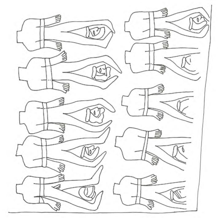 Detail of decapitated corpses on the obverse face of the Narmer palette (Egyptian Museum, Cairo JE 32169). Drawing by Henriette Hafsaas.