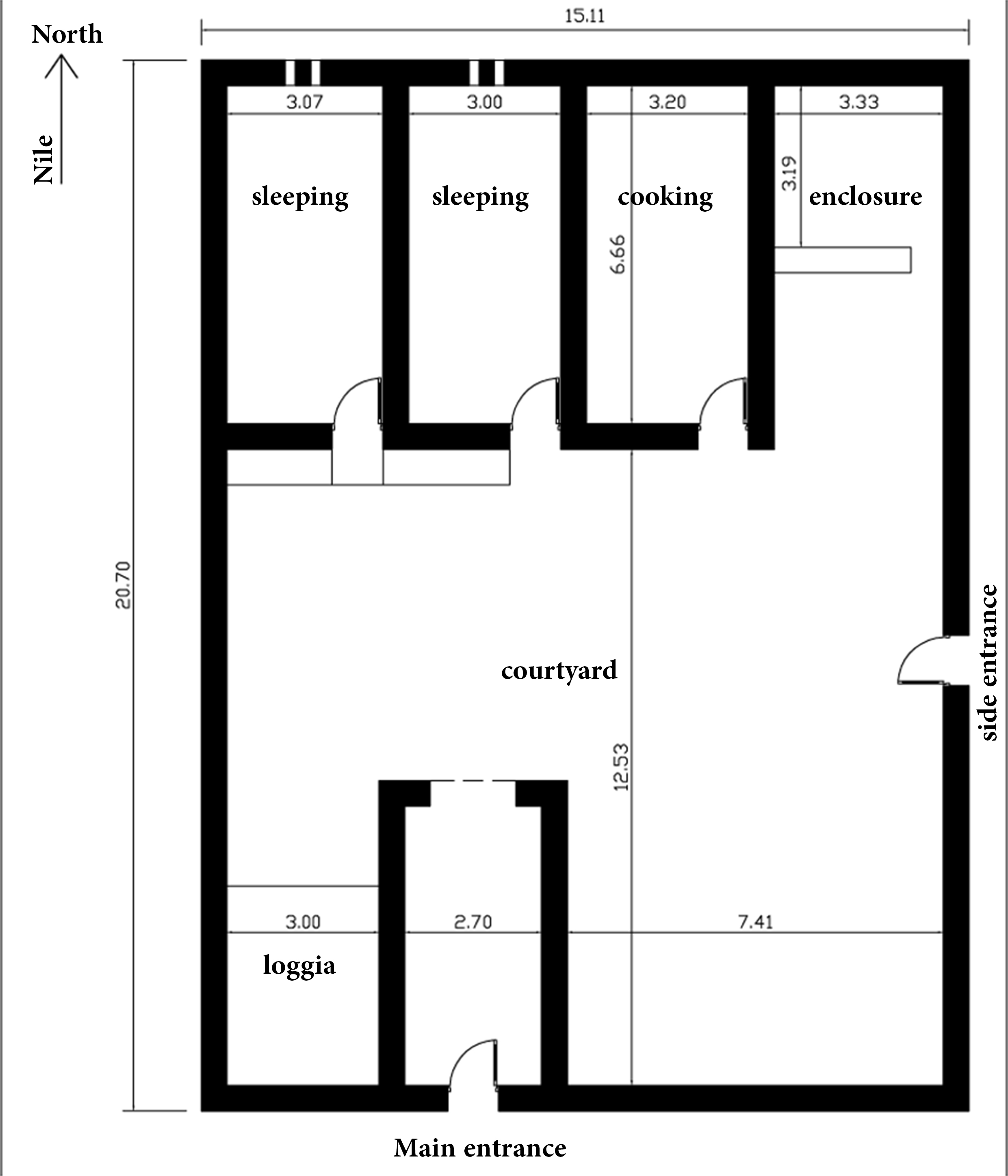 Plan of a house in Abu Hor village in 1962. Graphic by Amany Abdelsadeq from Hassan Fathy drawing (1962). Source: <a href="https://www.archnet.org/sites/14965" target="_blank" rel="noopener"><span class="sup" style="font-size:0.7em">www⁄</span>https://www.archnet.org/sites/14965</a>.