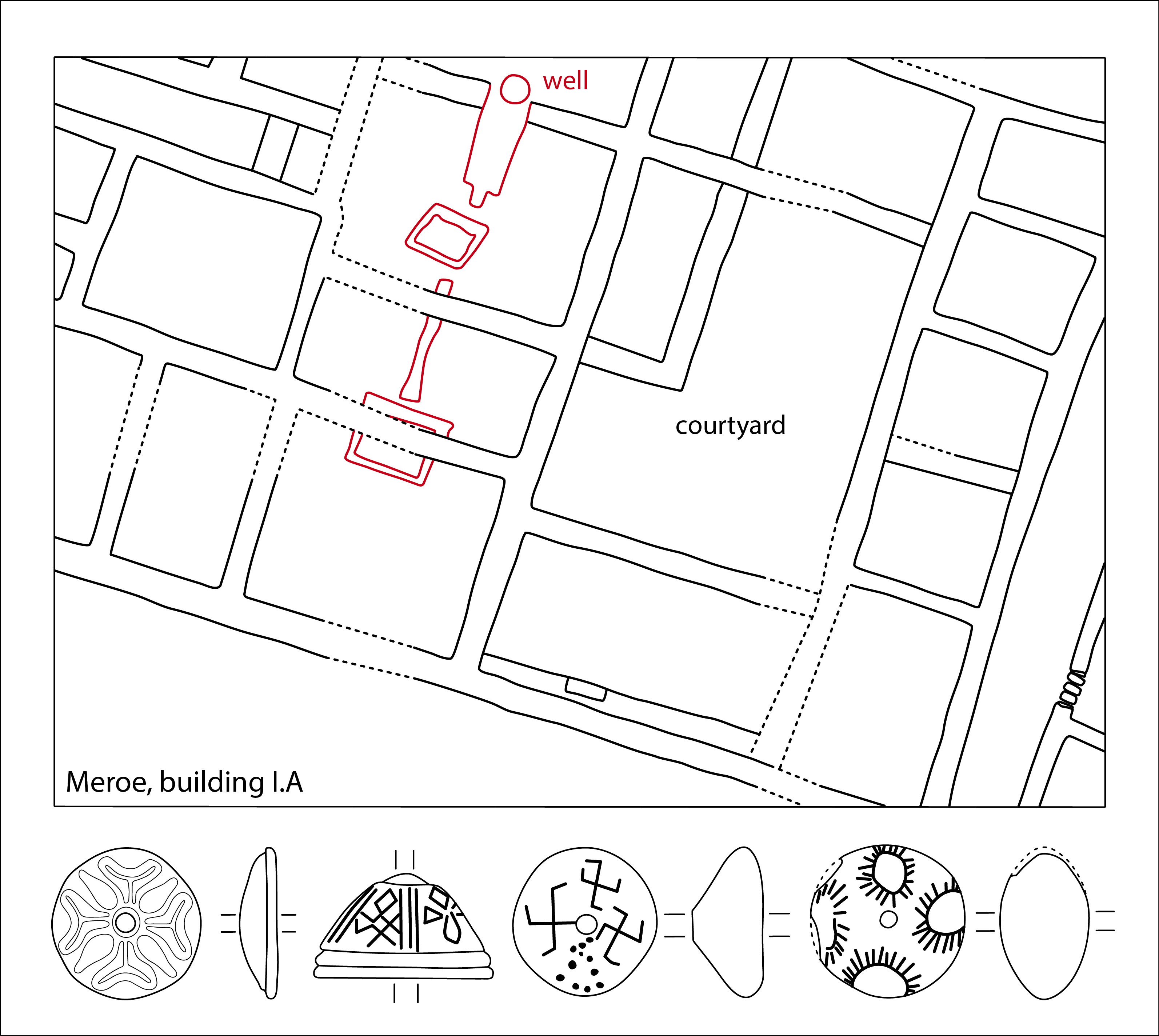 Meroe-city, north mount building I.A: map and location of textile tools (drawings E. Yvanez reproduced from Shinnie &amp; Bradley, <em>The Capital of Kush I</em>, fig. 23, fig. 81-82, 216-217).
