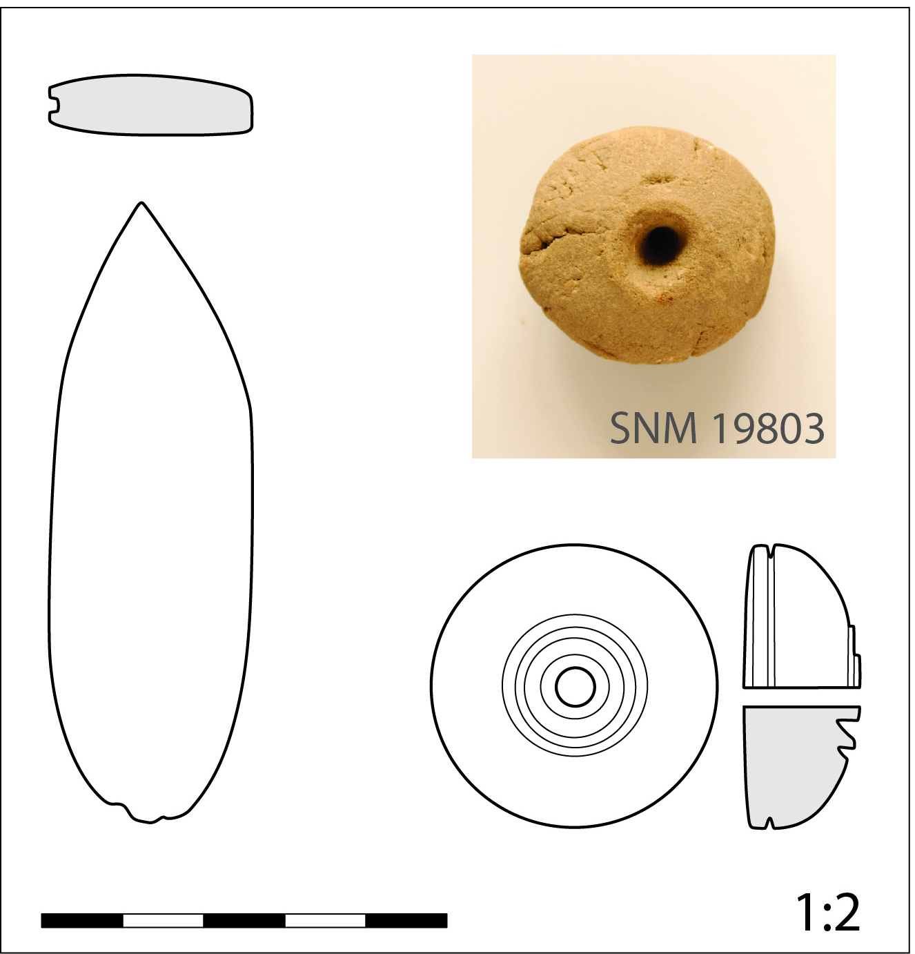 Tila Island, House II: spindle whorls and bone point discarded in latrines (room 7) (photograph and drawings E. Yvanez from A.J. Mills’s excavation diaries).